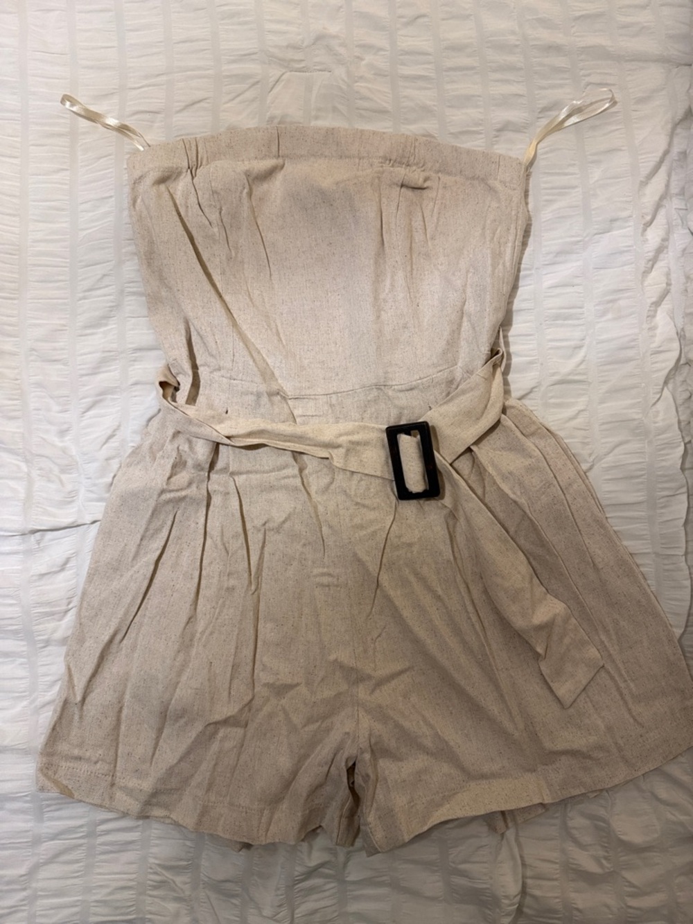 Beige Strapless Belted Romper